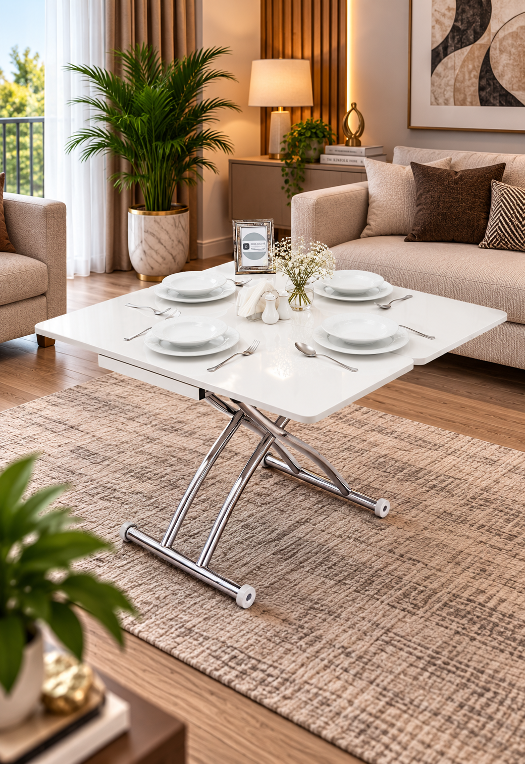 Mini Juppo Smart Coffee Table – White MDF Top & Chrome Flared Metal Leg