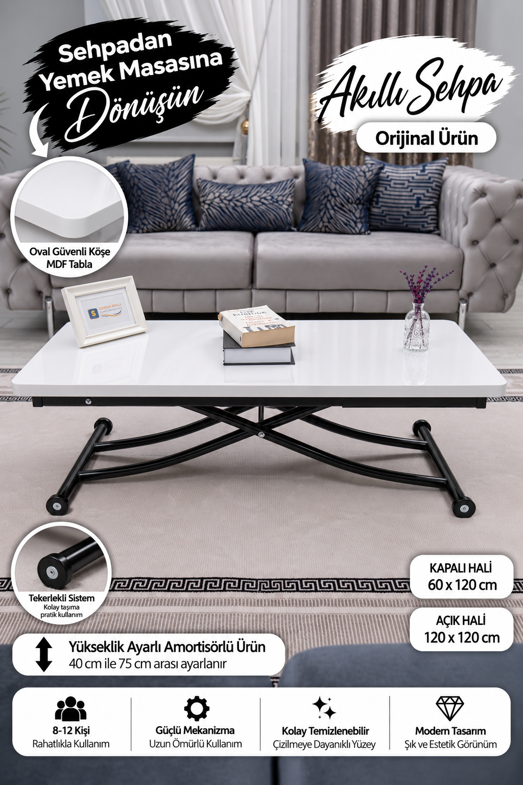 Juppo Smart Coffee Table – White MDF Top & Black Metal Legs