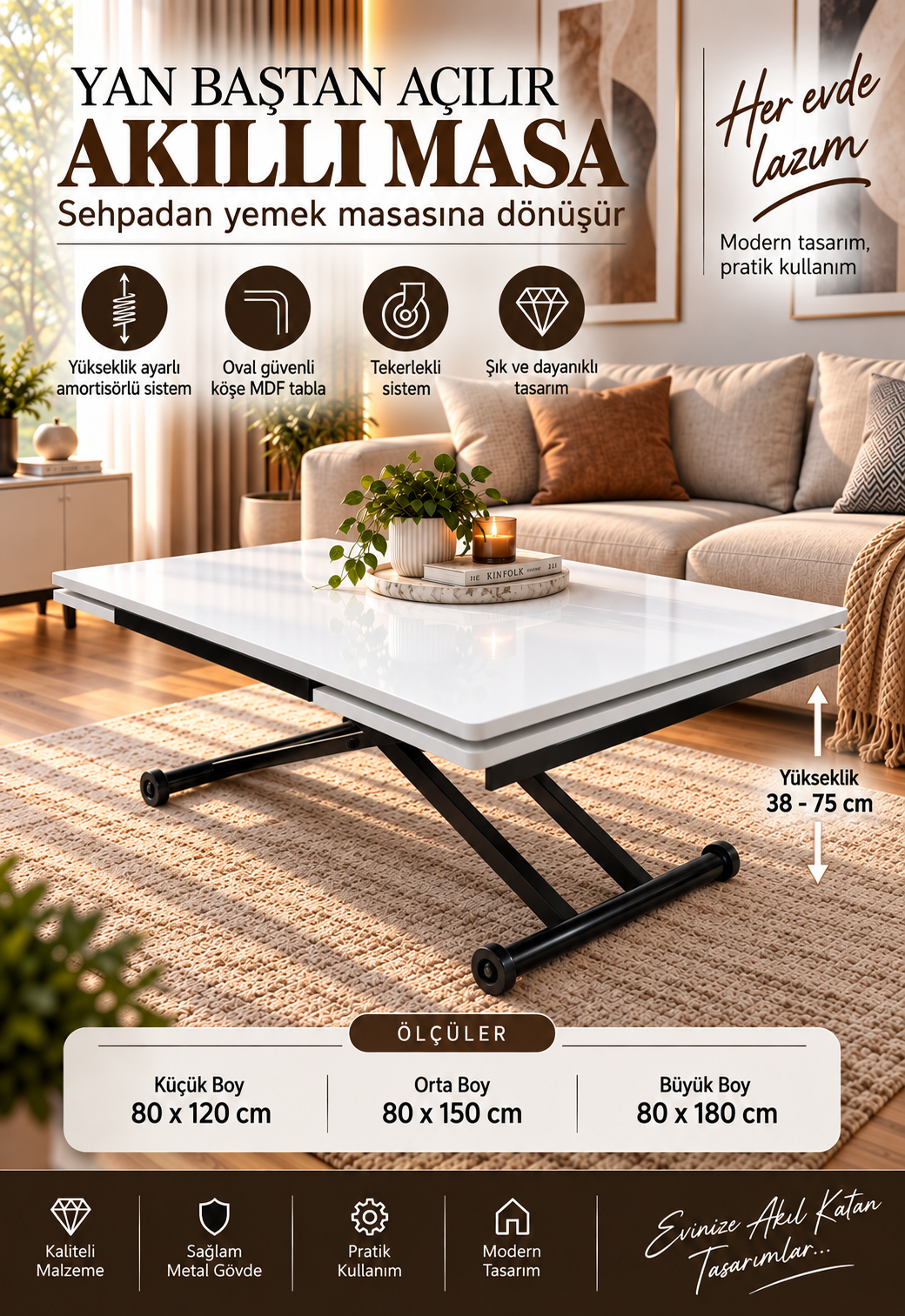 Yan Baştan Açılır Akıllı Masa | Beyaz MDF & Siyah Ayak