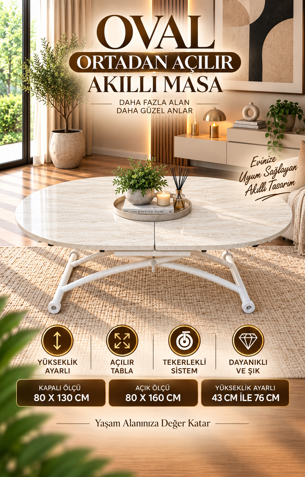 Oval Smart Extending Table | Travertine MDF & White