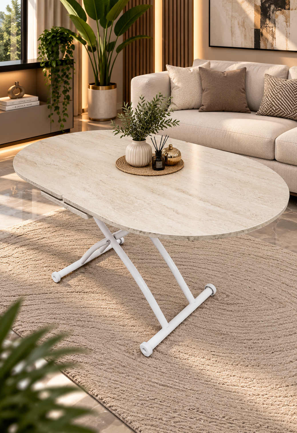 Oval Smart Extending Table | Travertine MDF & White