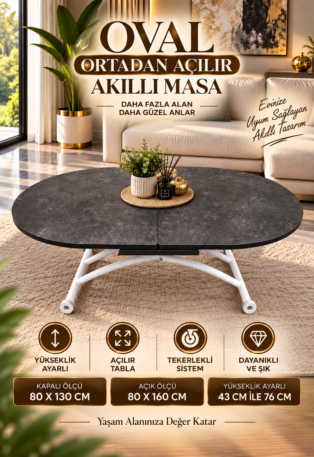 Extendable Oval Smart Table | Routered Anthracite MDF & White