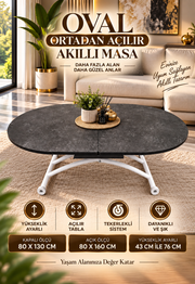Ortadan Açılır Oval Akıllı Masa | Frezeli Antrasit MDF & Beyaz