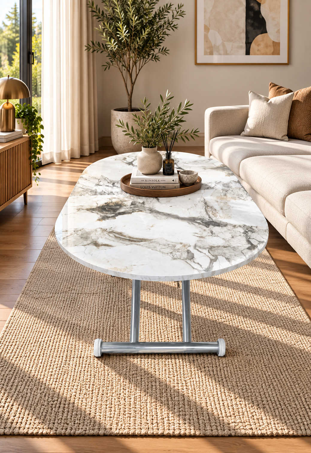 Oval Extendable Smart Table | White Marble MDF & Chrome
