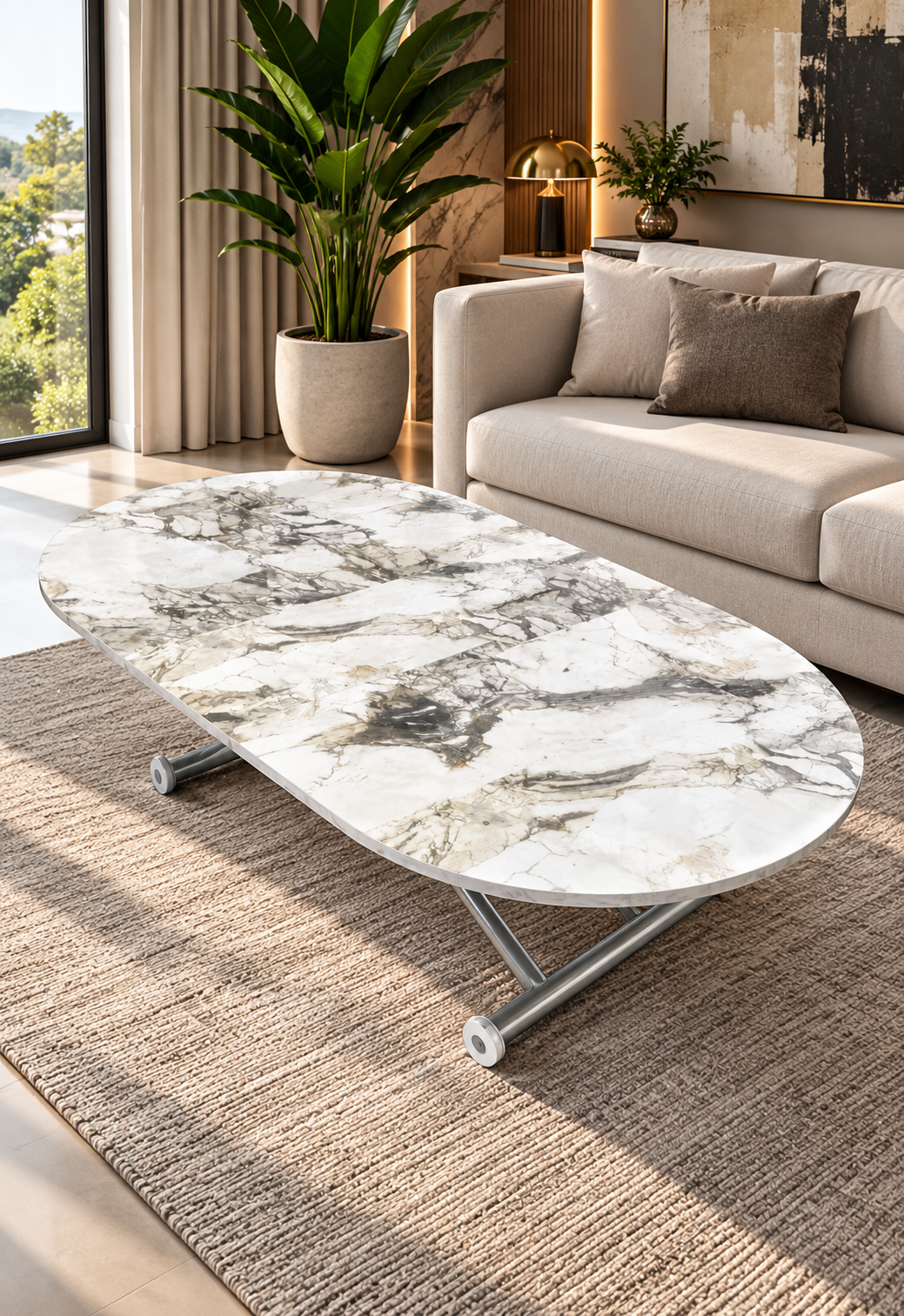 Oval Extendable Smart Table | White Marble MDF & Chrome