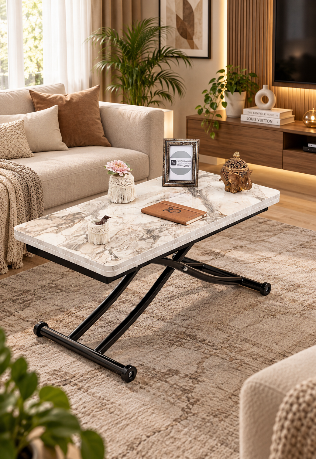 Mini Juppo Akıllı Sehpa – Beyaz Mermer MDF Üst & Siyah İçe Kıvrım Metal Ayak