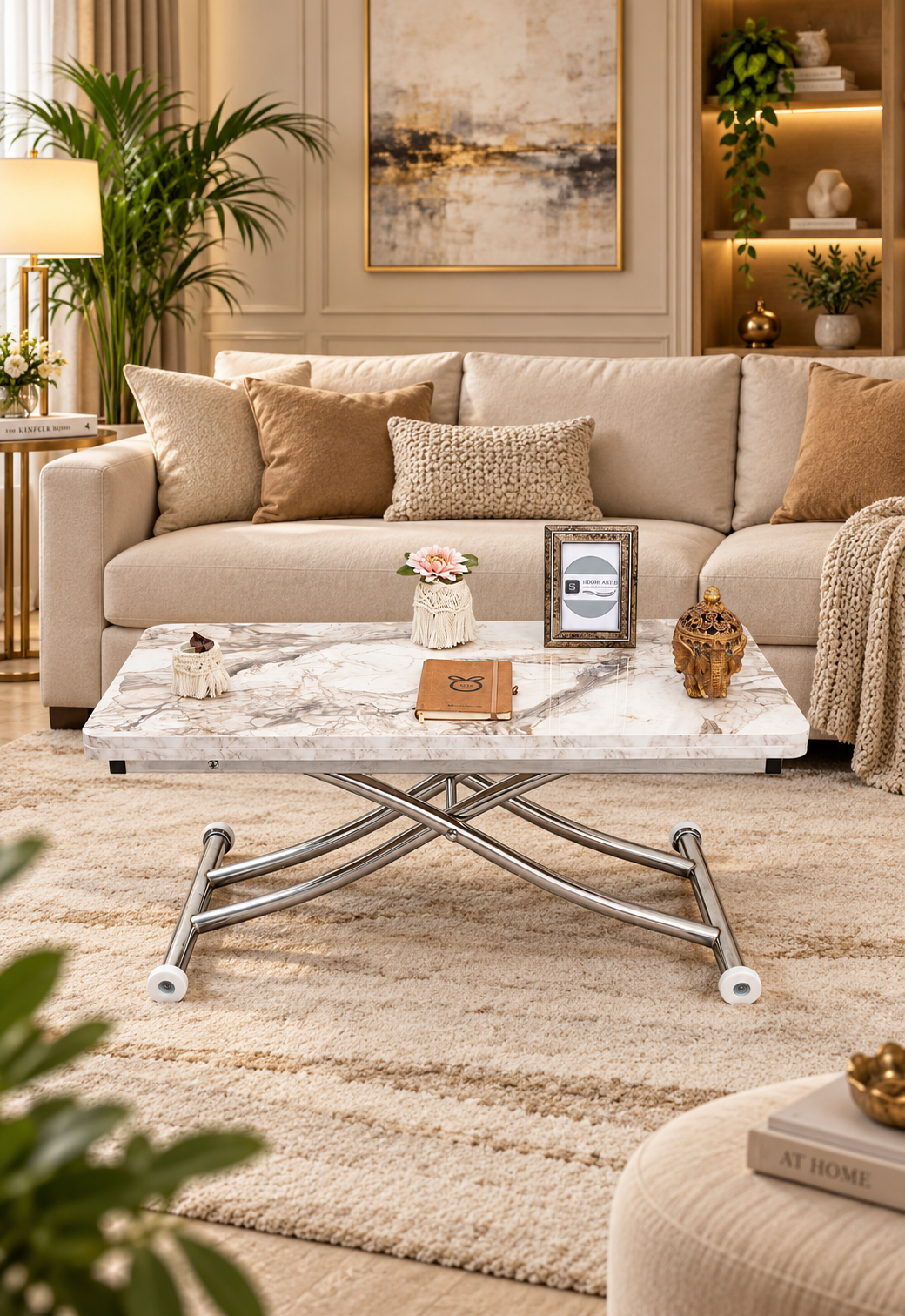 Mini Juppo Smart Coffee Table – White Marble MDF Top & Chrome Plated Metal Legs