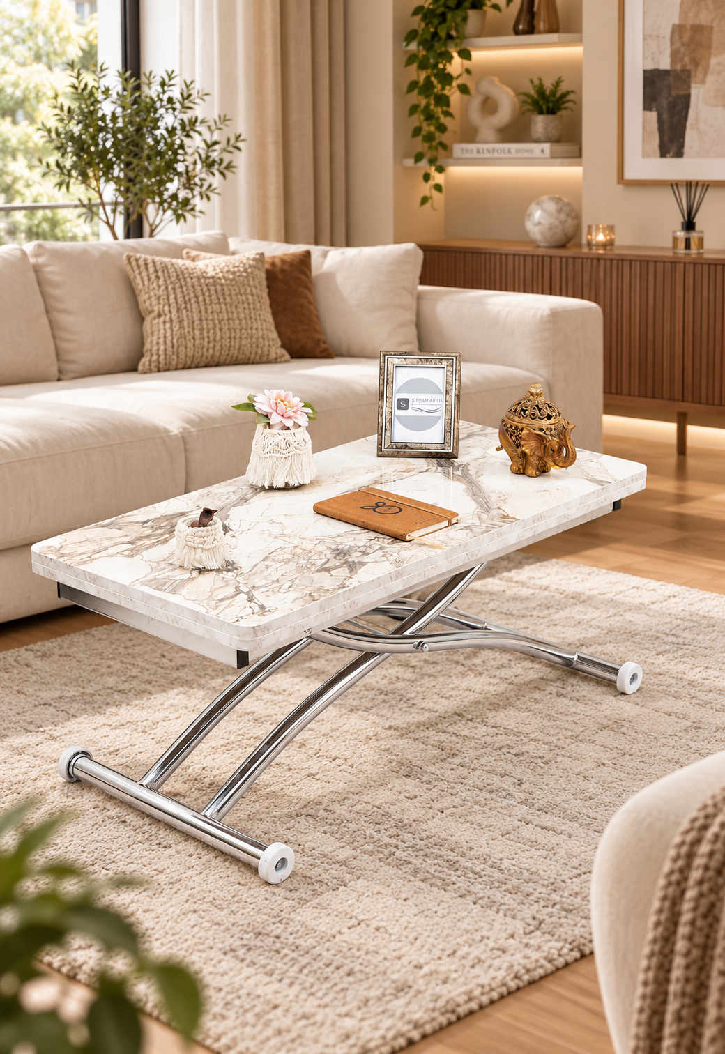 Mini Juppo Smart Coffee Table – White Marble MDF Top & Chrome-Plated Outwardly Curved Leg