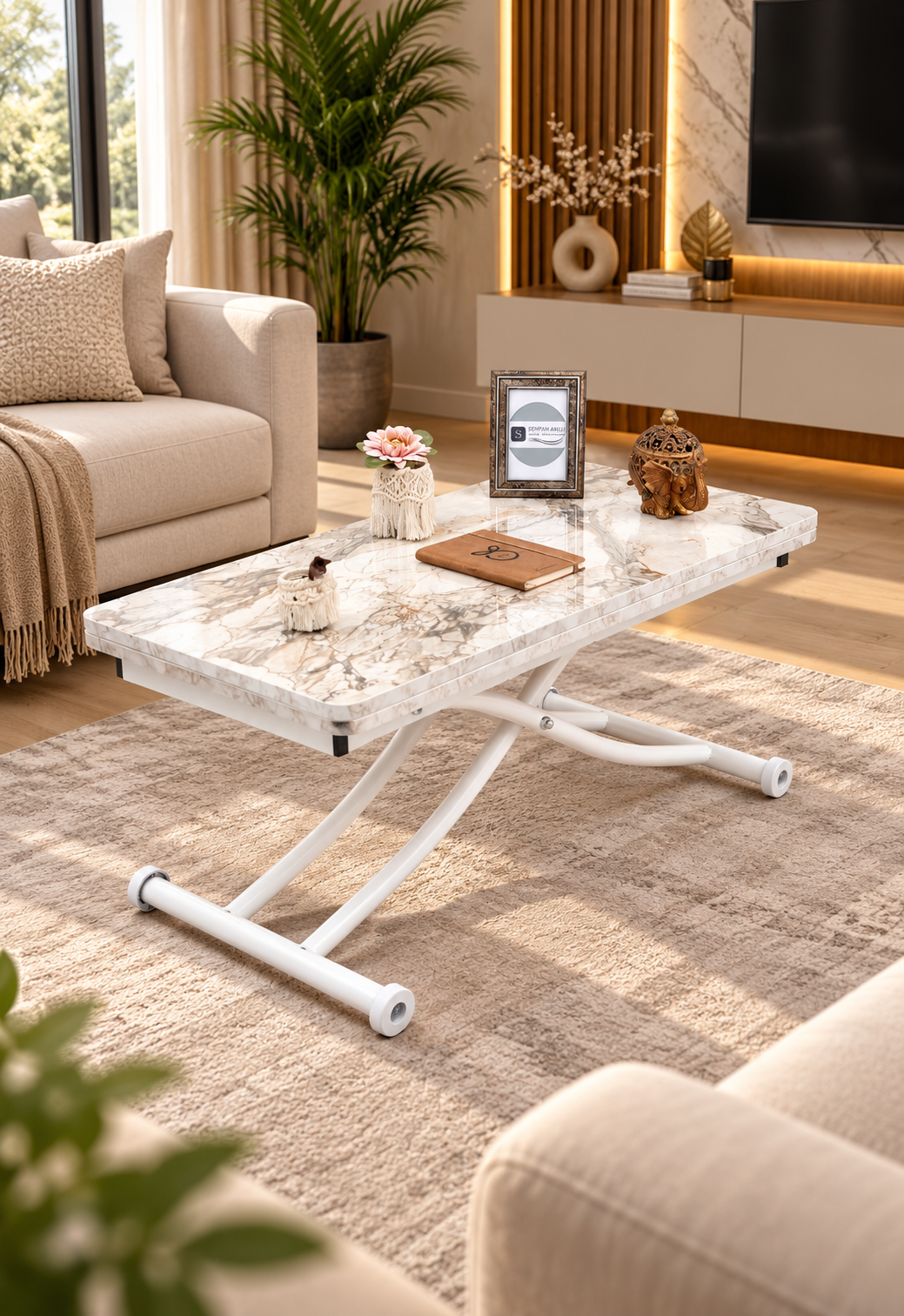 Mini Juppo Smart Coffee Table - White Marble MDF Top & White Metal Leg