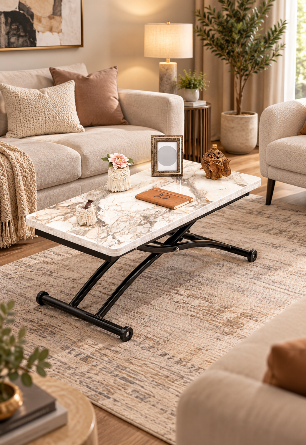 Mini Juppo Smart Coffee Table – White Marble MDF Top & Black Outward Curved Metal Leg