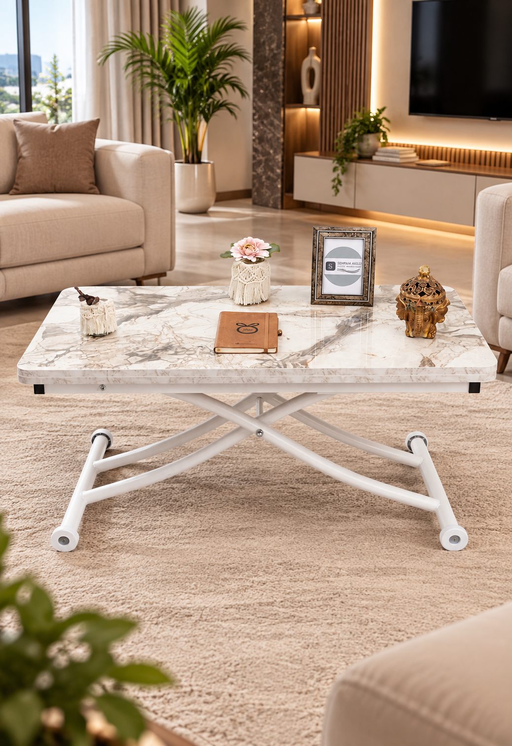 Mini Juppo Smart Coffee Table - White Marble MDF Top & White Metal Leg