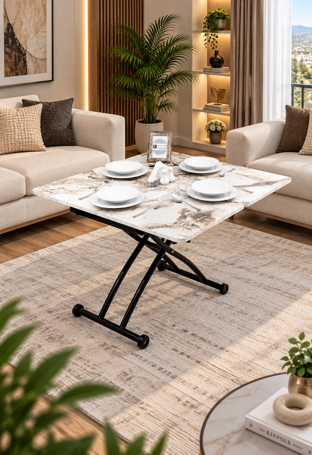 Mini Juppo Smart Coffee Table – White Marble MDF Top & Black Outward Curved Metal Leg