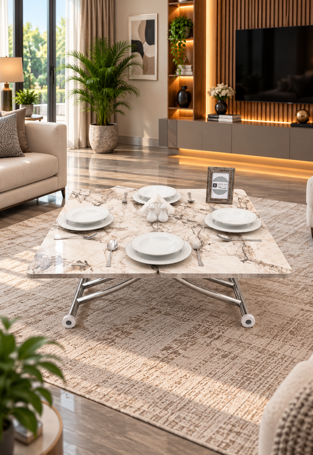 Mini Juppo Smart Coffee Table – White Marble MDF Top & Chrome Plated Metal Legs