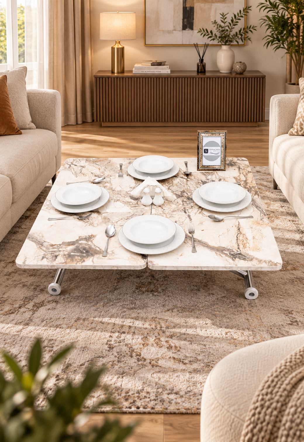 Mini Juppo Smart Coffee Table – White Marble MDF Top & Chrome-Plated Outwardly Curved Leg