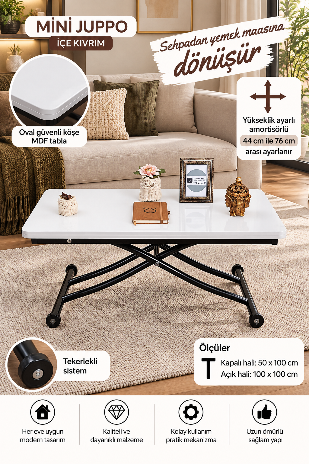 Mini Juppo Smart Table – White MDF Top & Black Metal Legs