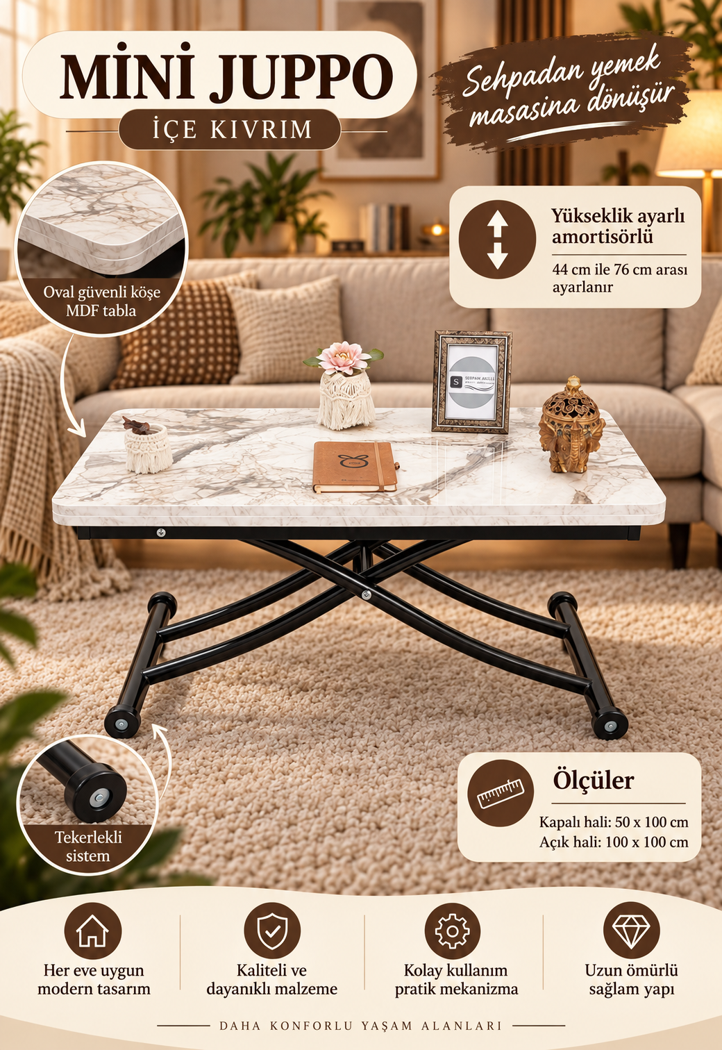 Mini Juppo Smart Coffee Table – White Marble MDF Top & Black Metal Legs