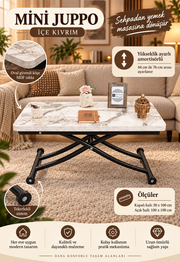Mini Juppo Akıllı Sehpa – Beyaz Mermer MDF Üst & Siyah İçe Kıvrım Metal Ayak