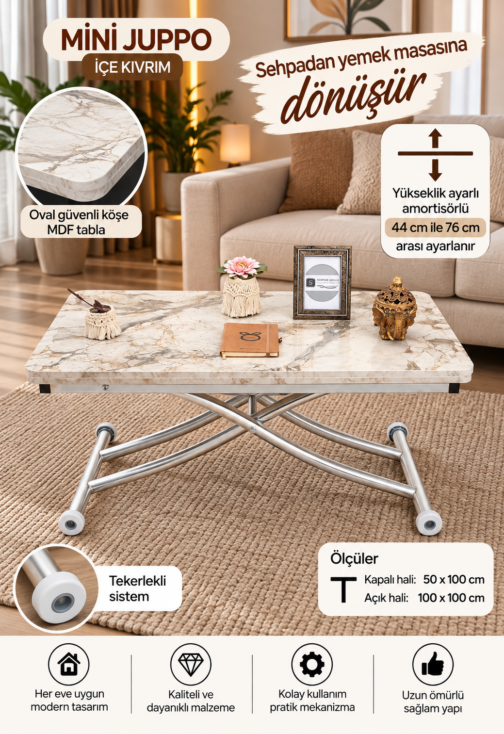 Mini Juppo Smart Coffee Table – White Marble MDF Top & Chrome Plated Metal Legs