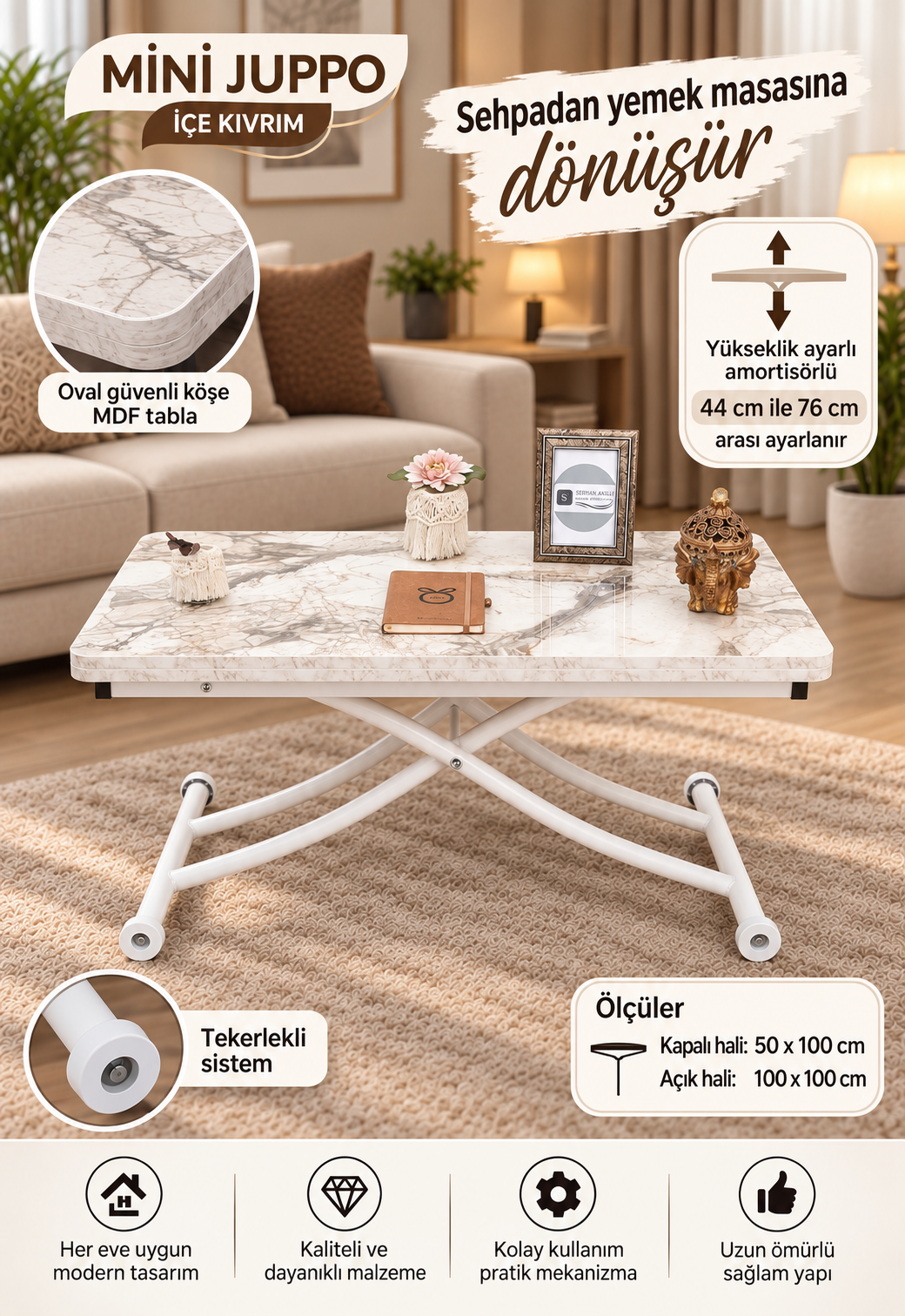 Mini Juppo Smart Coffee Table - White Marble MDF Top & White Metal Leg