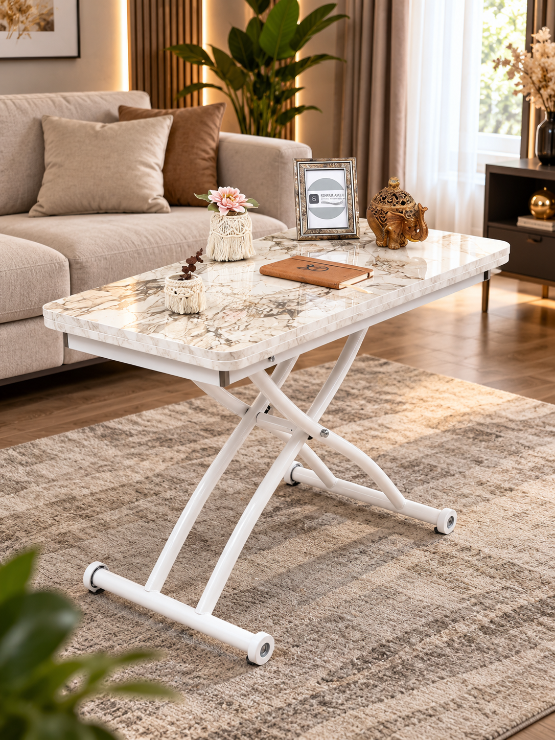 Mini Juppo Smart Coffee Table – White Marble MDF Top & White Outward Curved Metal Leg
