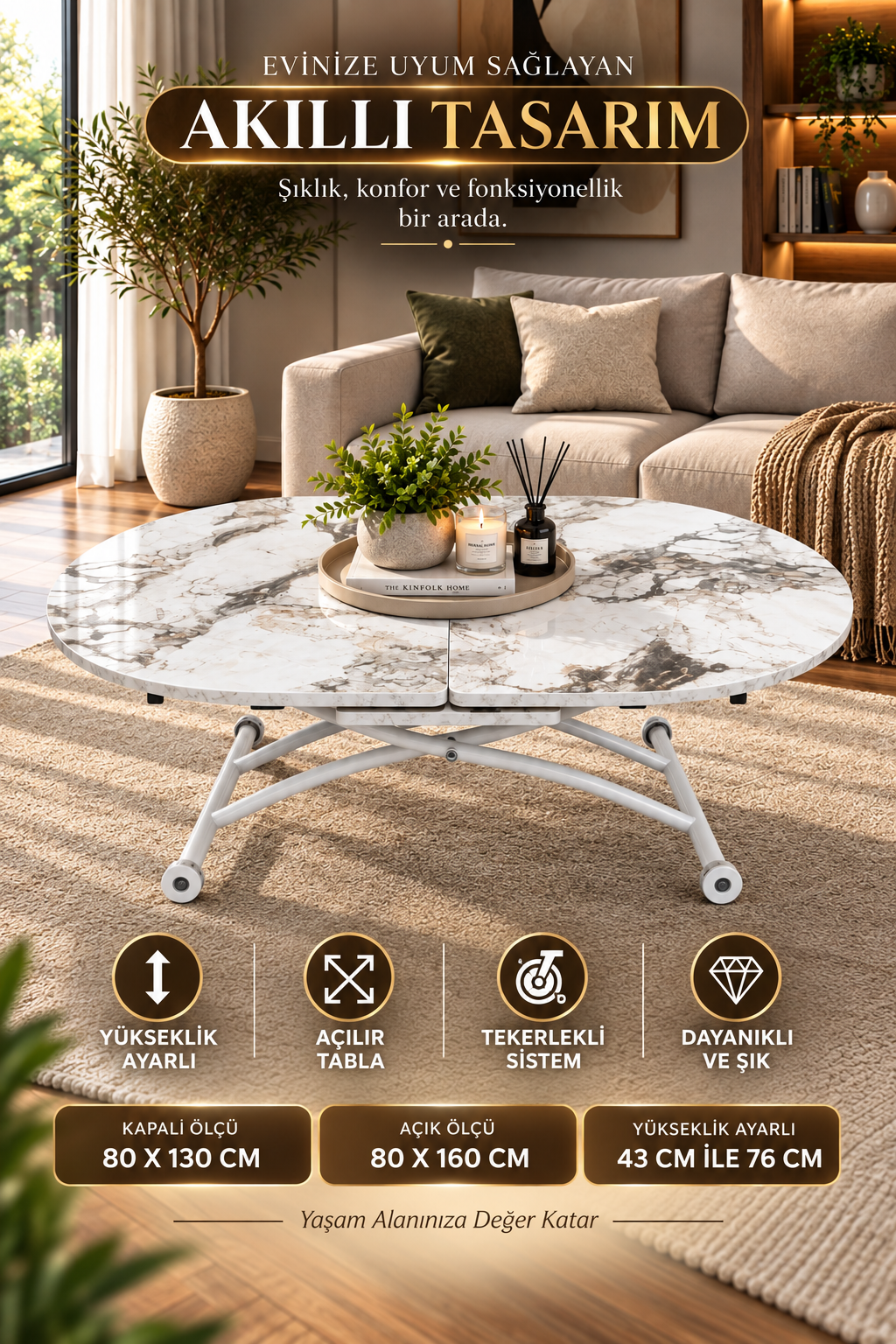 Extendable Oval Smart Table | White Marble MDF & White