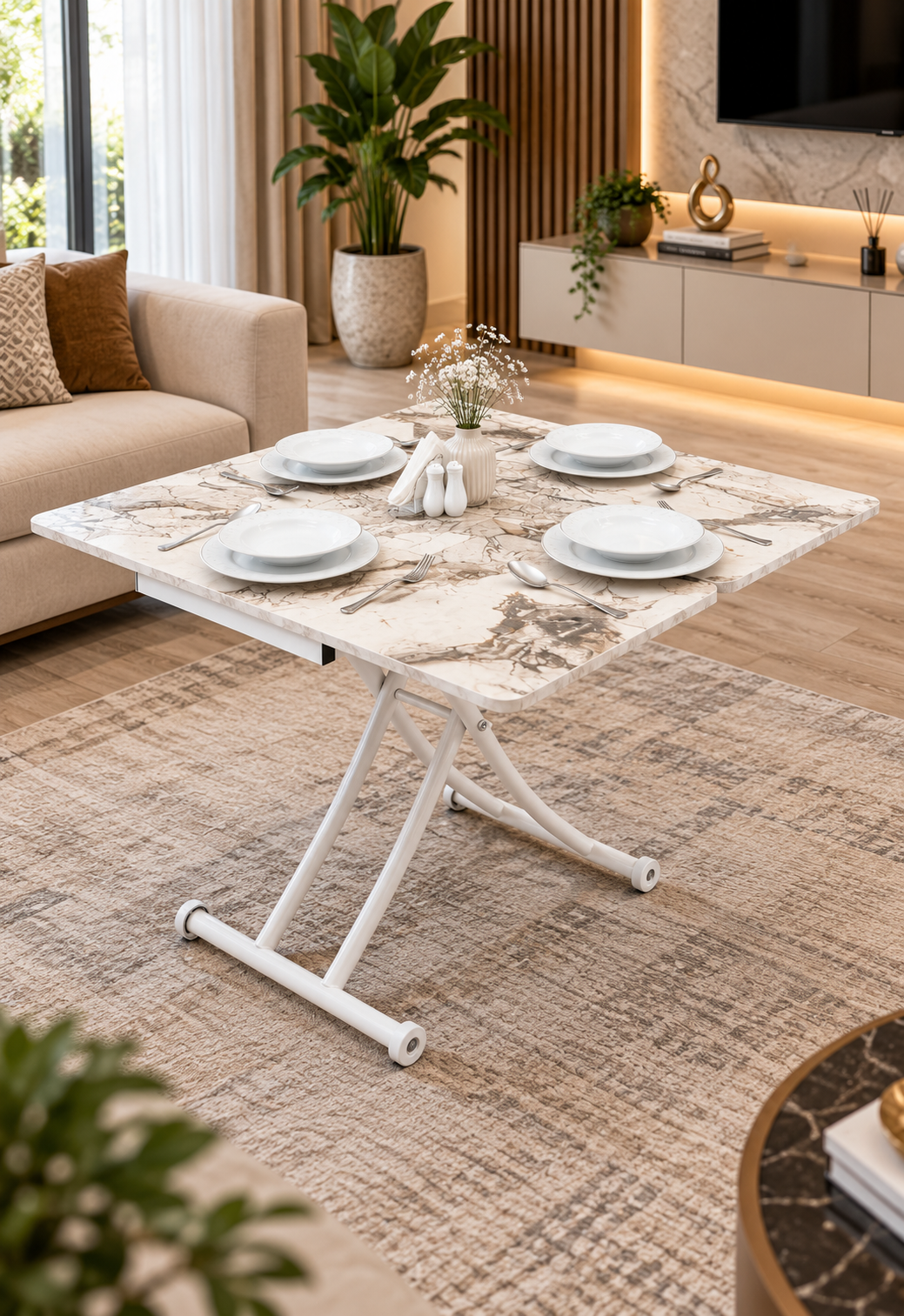 Mini Juppo Smart Coffee Table - White Marble MDF Top & White Metal Leg