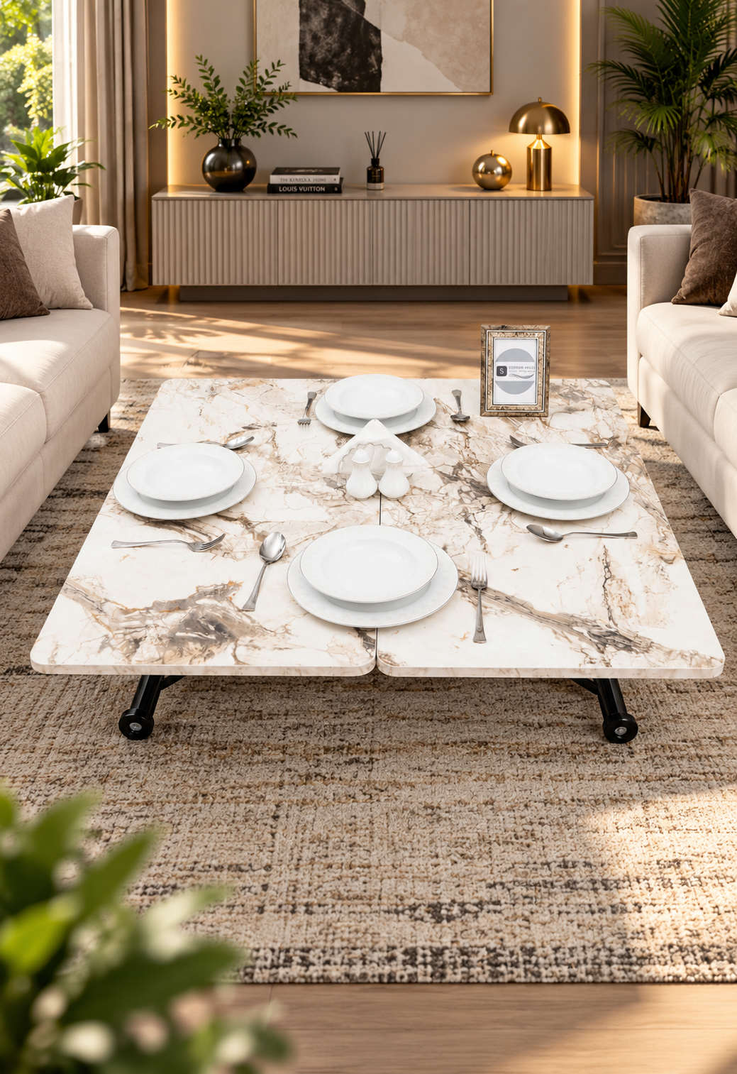 Mini Juppo Smart Coffee Table – White Marble MDF Top & Black Outward Curved Metal Leg