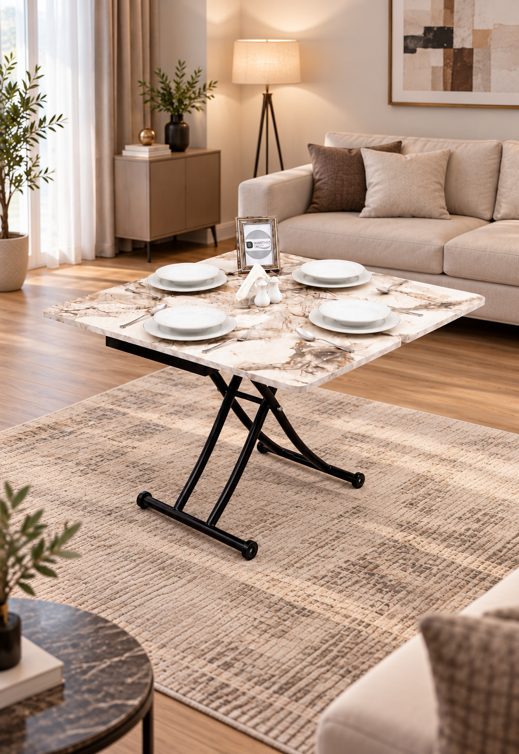 Mini Juppo Smart Coffee Table – White Marble MDF Top & Black Metal Legs