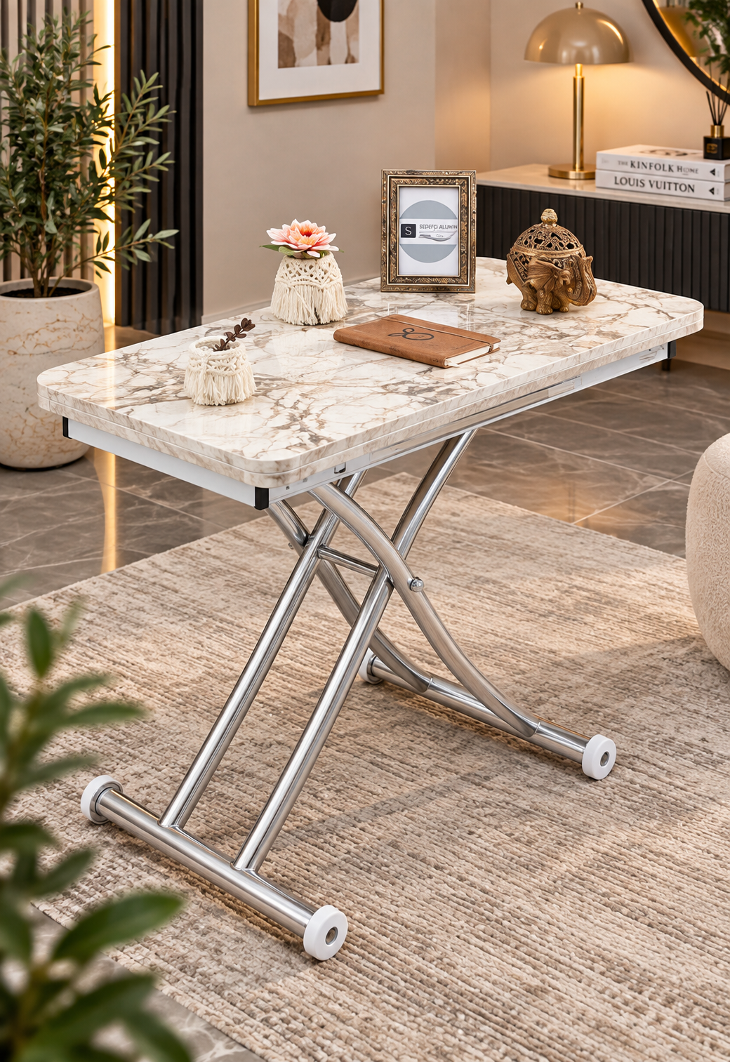 Mini Juppo Smart Coffee Table – White Marble MDF Top & Chrome Plated Metal Legs