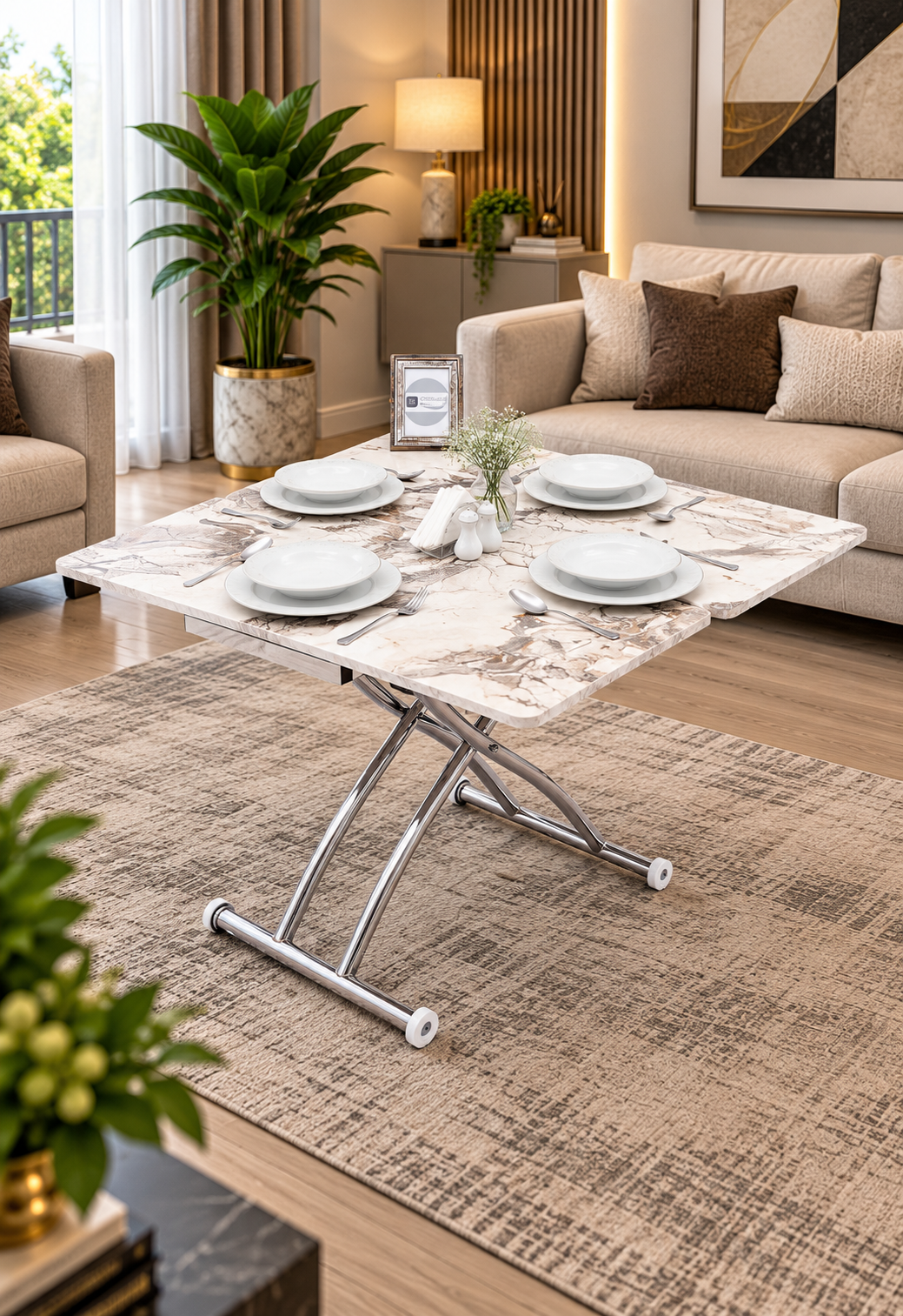 Mini Juppo Smart Coffee Table – White Marble MDF Top & Chrome-Plated Outwardly Curved Leg