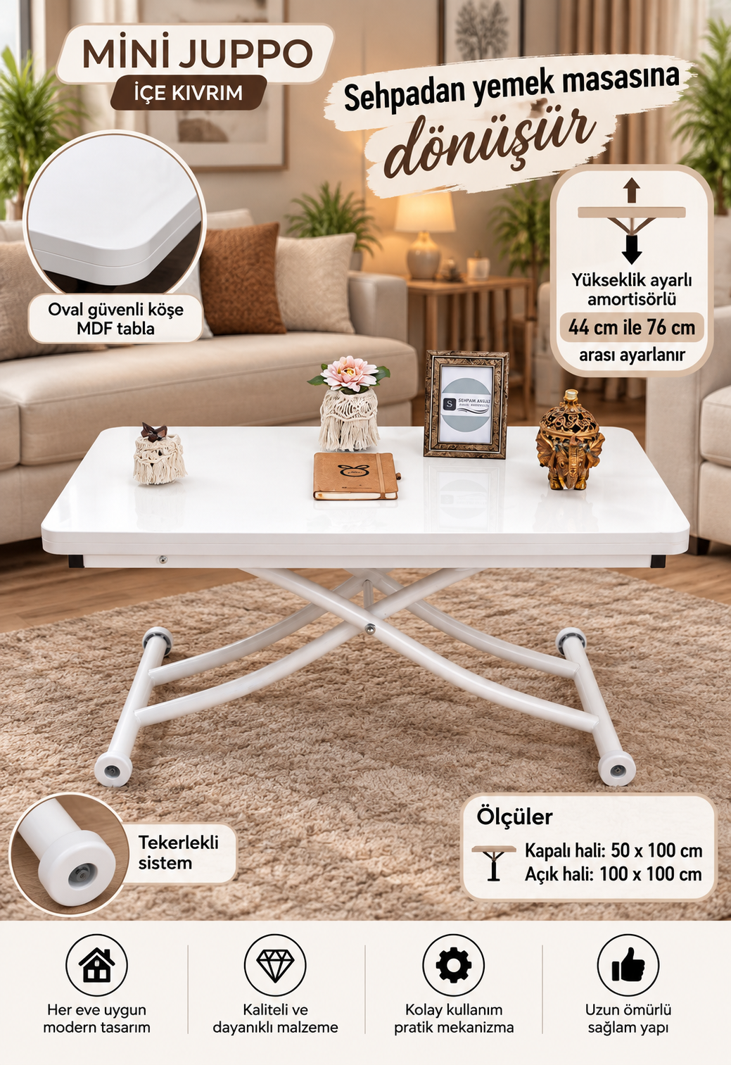 Mini Juppo Smart Coffee Table – White MDF Top & White Metal Leg