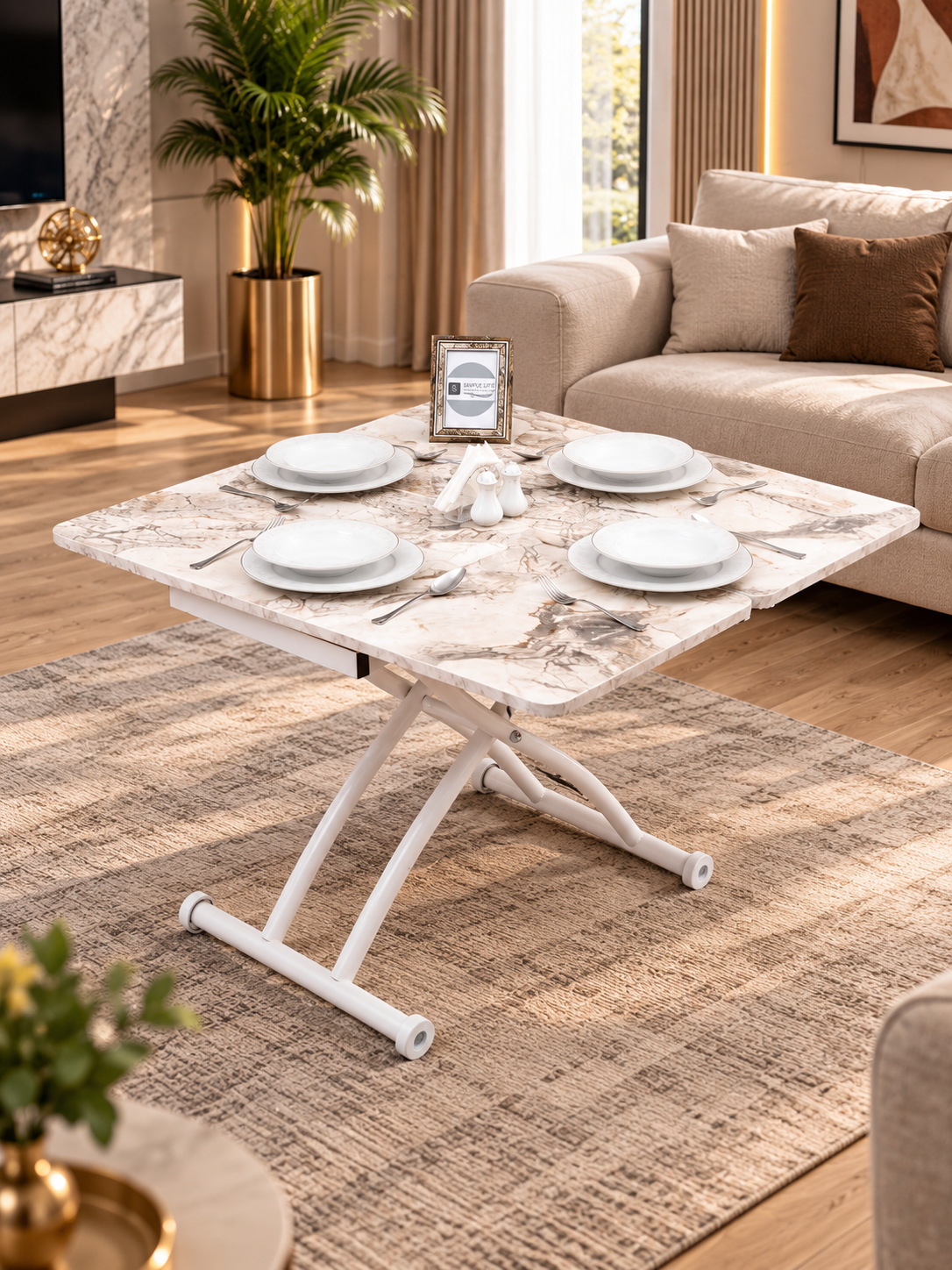 Mini Juppo Smart Coffee Table – White Marble MDF Top & White Outward Curved Metal Leg