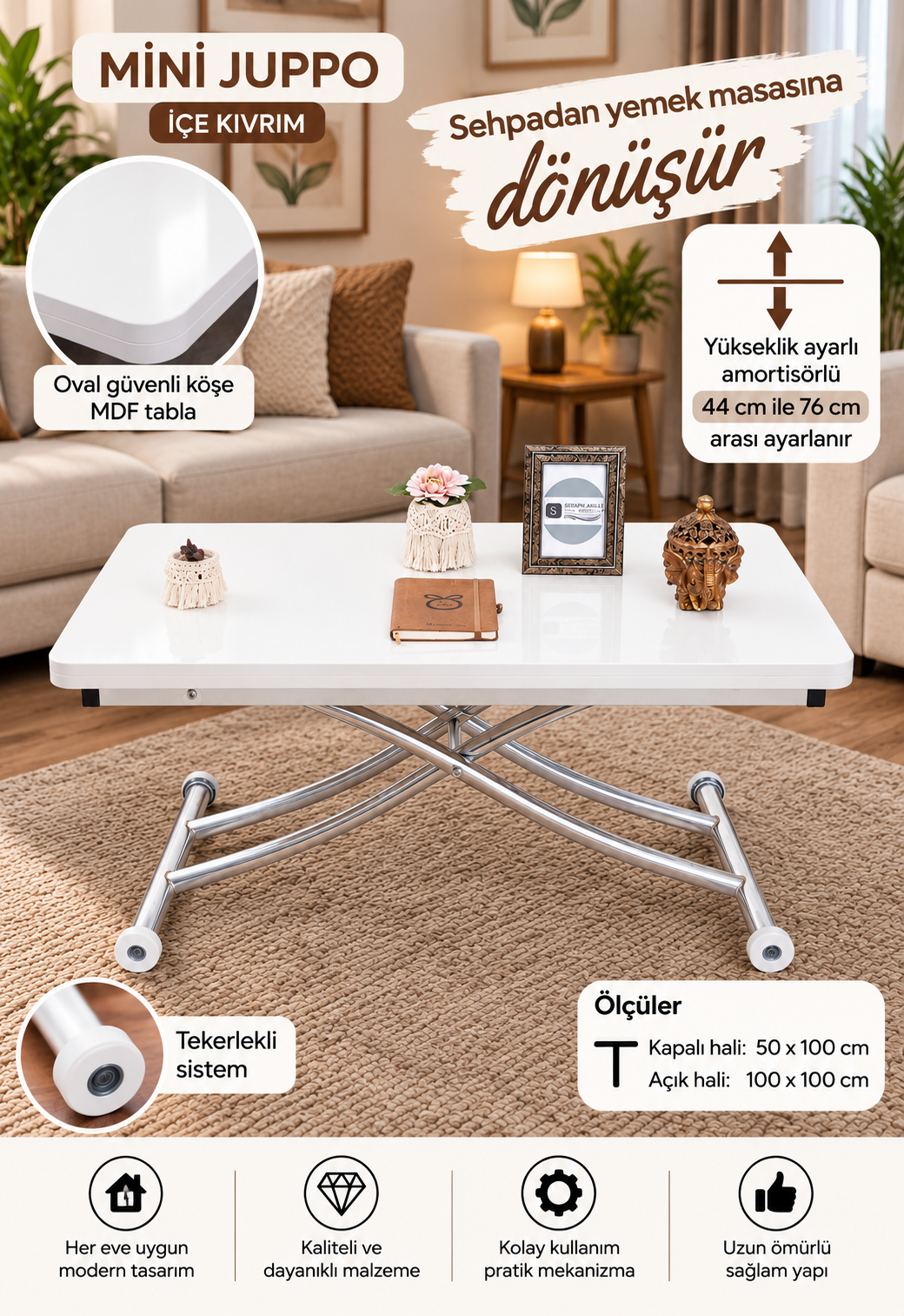 Mini Juppo Akıllı Sehpa – Beyaz MDF Üst & Krom İçe Kıvrım Metal Ayak