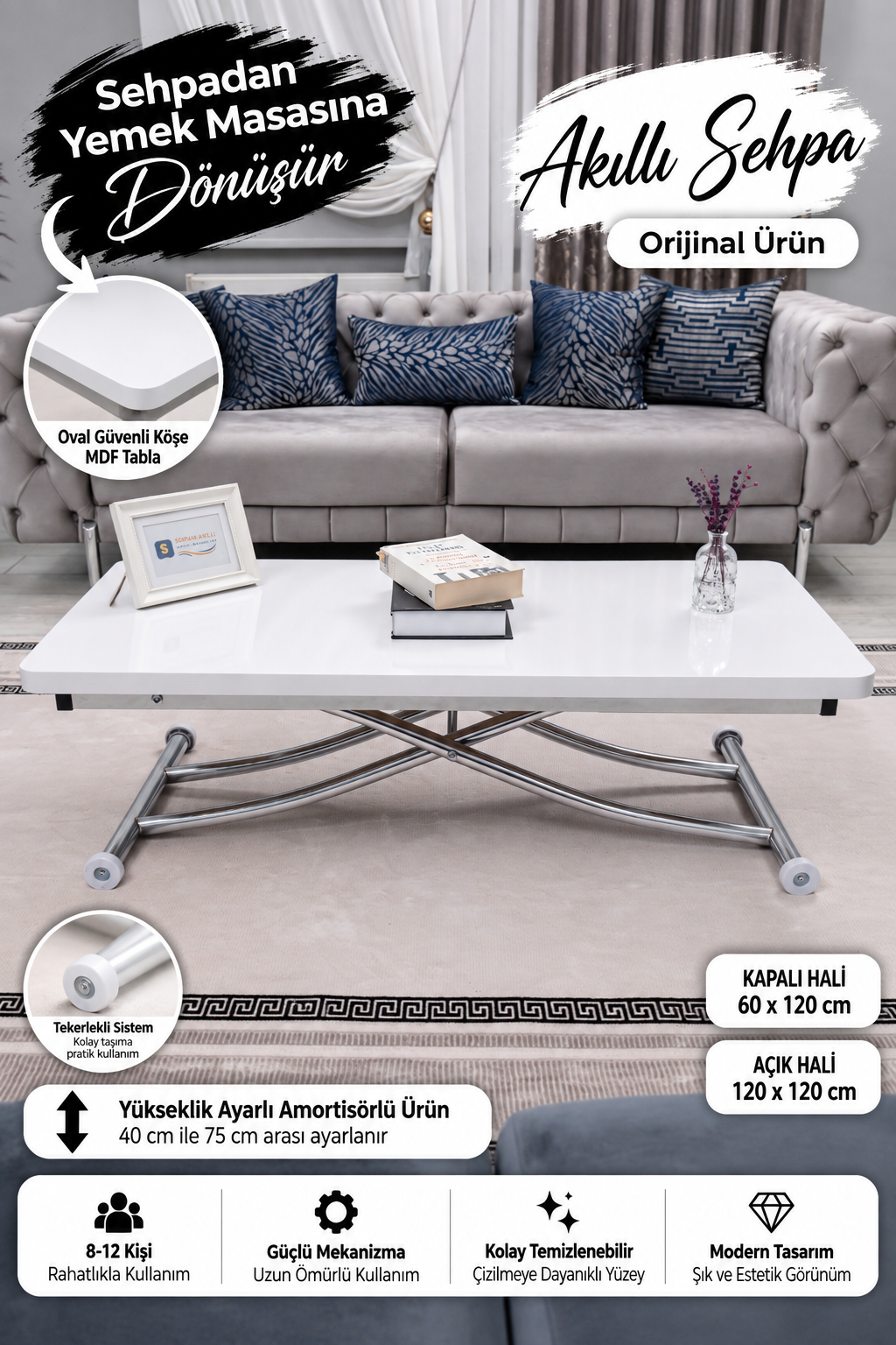 Juppo Smart Coffee Table – White MDF Top & Chrome Metal Leg