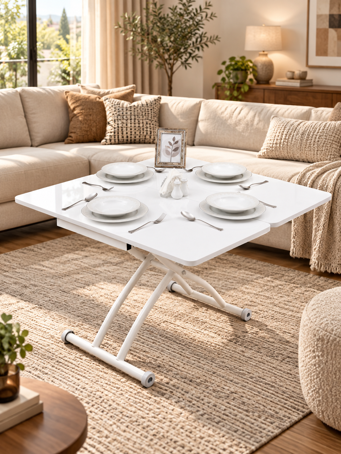Mini Juppo Smart Coffee Table – White MDF Top & White Outwardly Curved Metal Leg