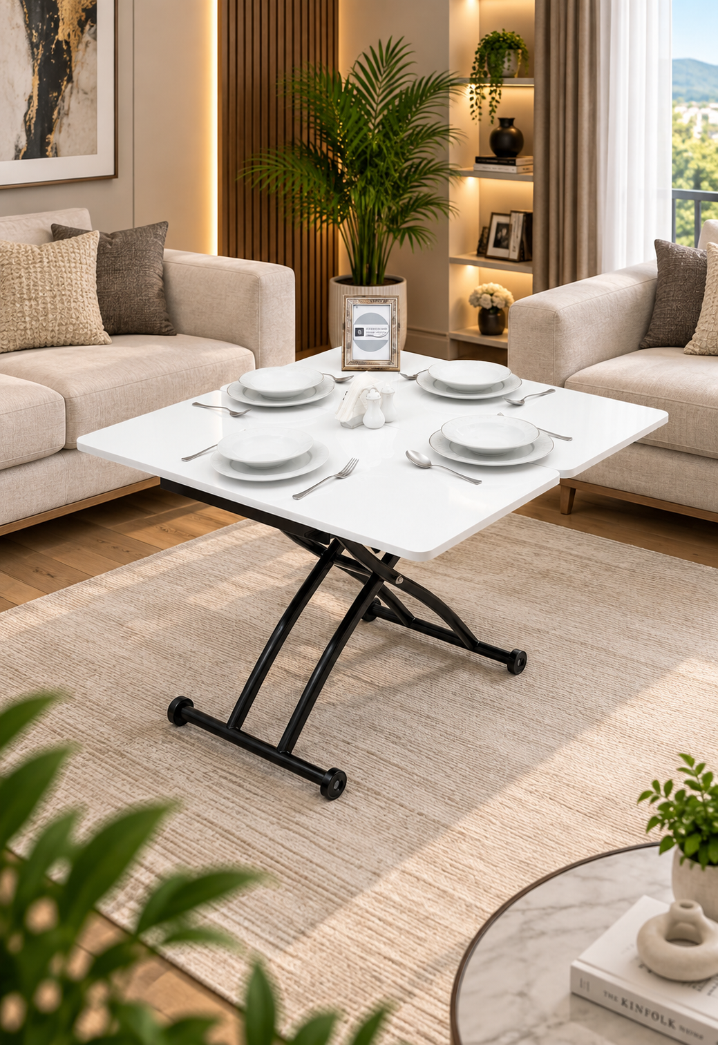 Mini Juppo Smart Coffee Table – Antique Light MDF Top & Black Outward Curved Metal Leg