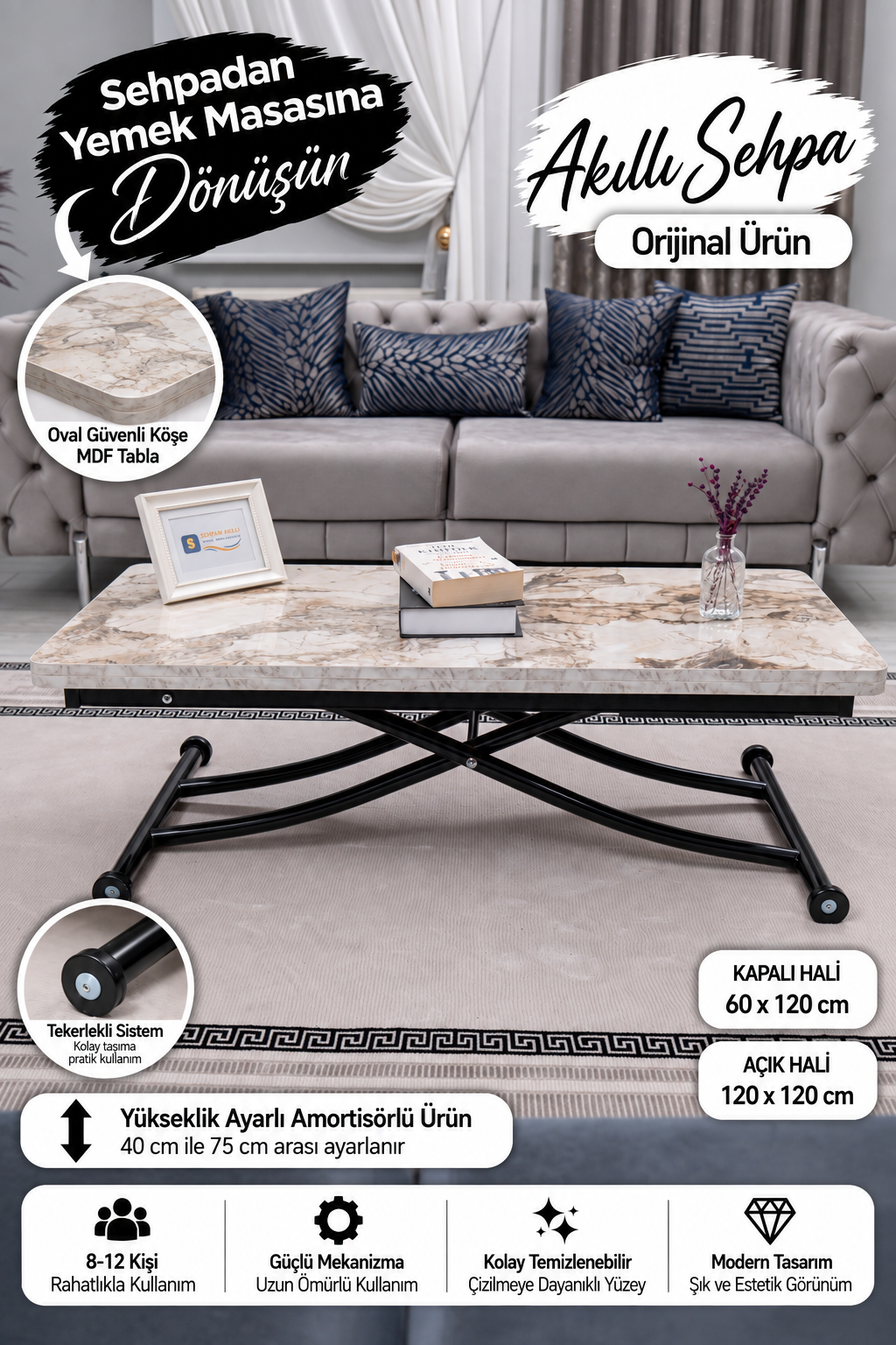 Juppo Smart Coffee Table – White Marble MDF Top & Black Metal Legs