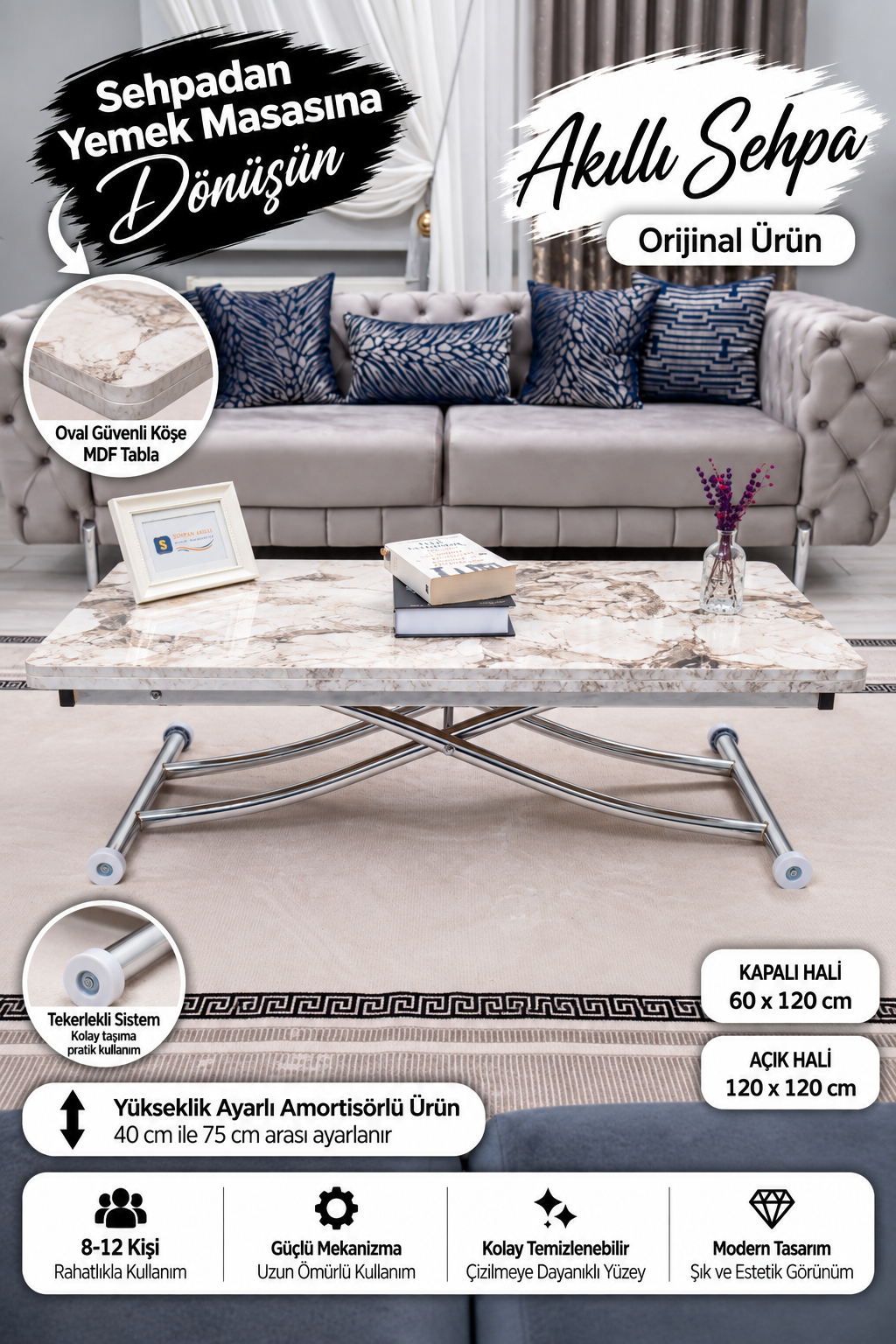 Juppo Smart Coffee Table – White Marble MDF Top & Chrome Metal Leg