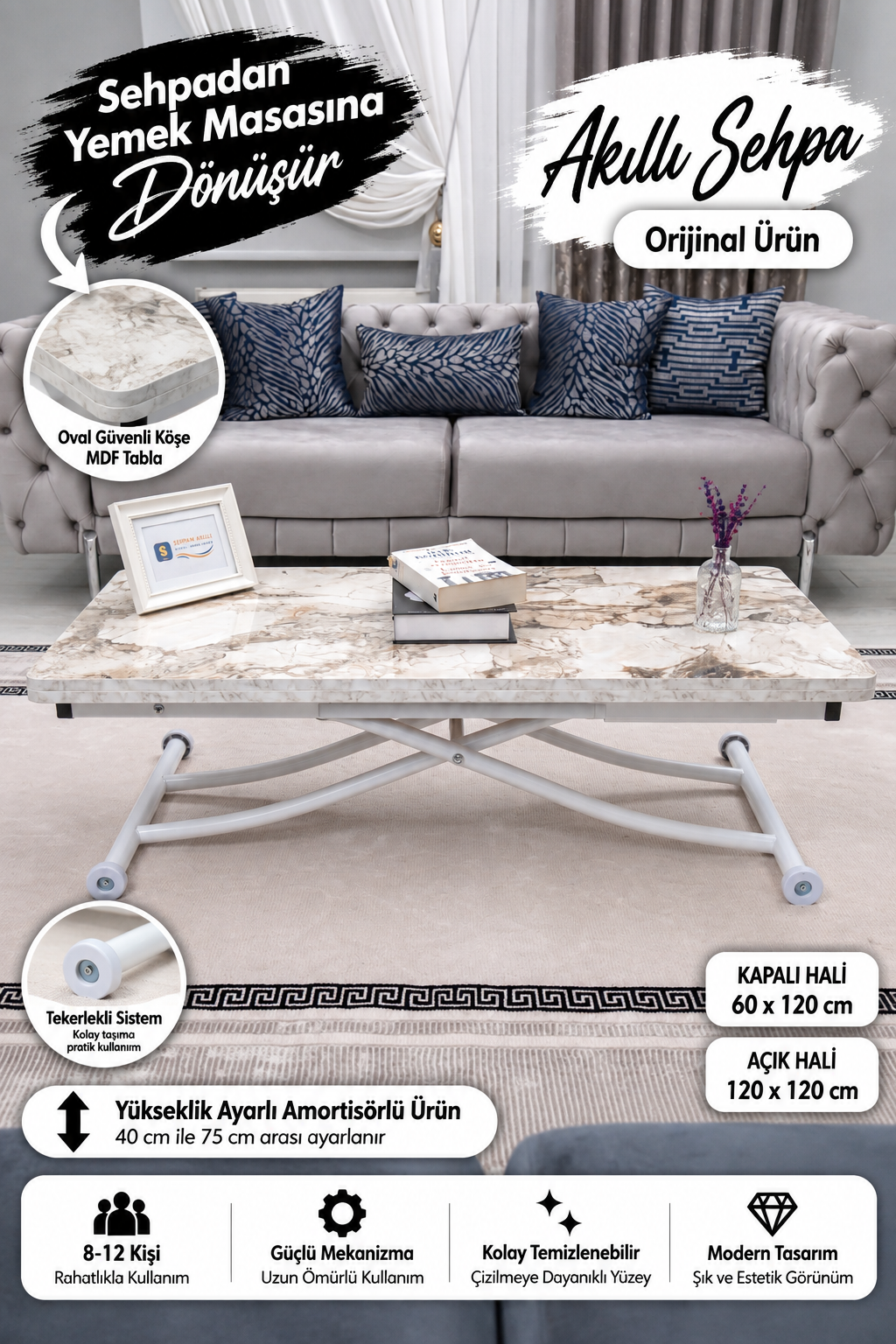 Juppo Smart Coffee Table – White Marble MDF Top & White Metal Leg