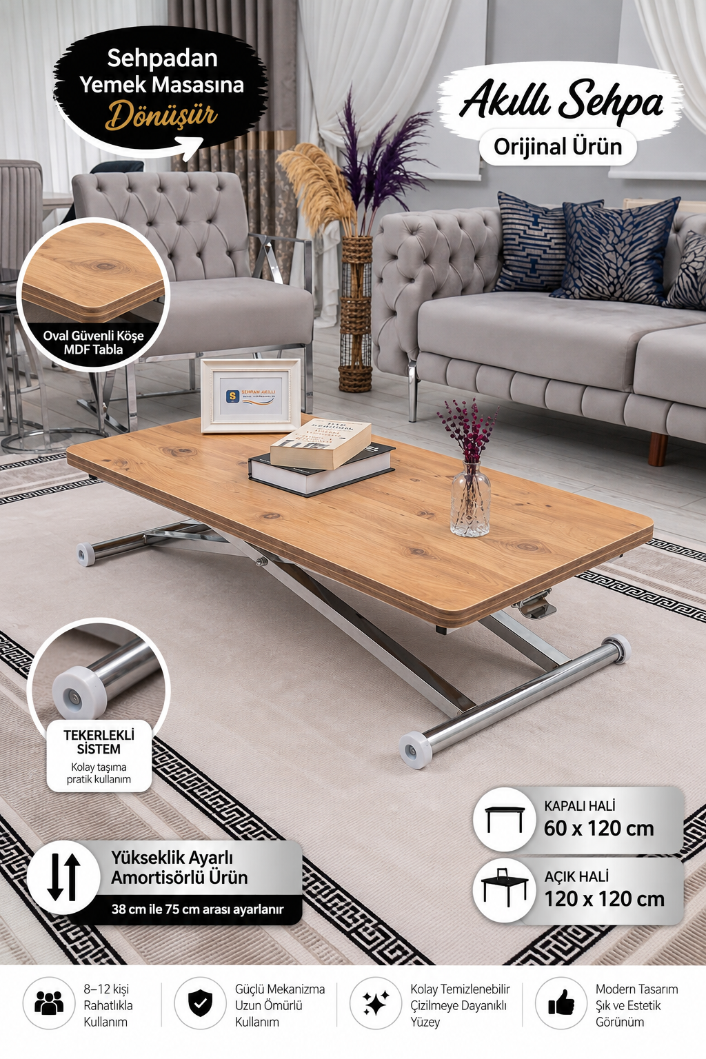 Home Akıllı Sehpa – EfesÇam MDF Üst & Krom Kaplama Metal Ayak