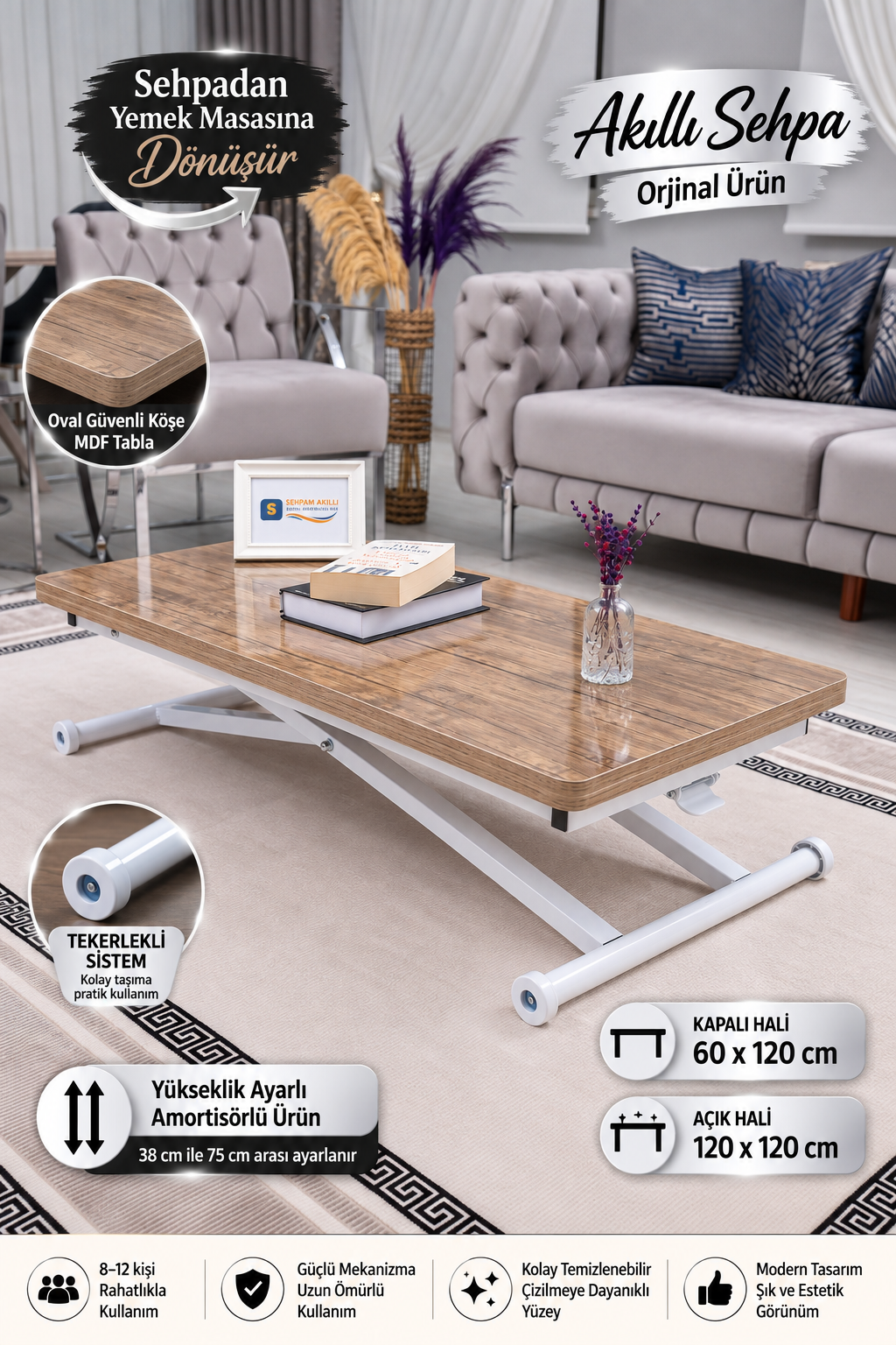 Home Akıllı Sehpa – Antiklayt MDF Üst & Beyaz Metal Ayak