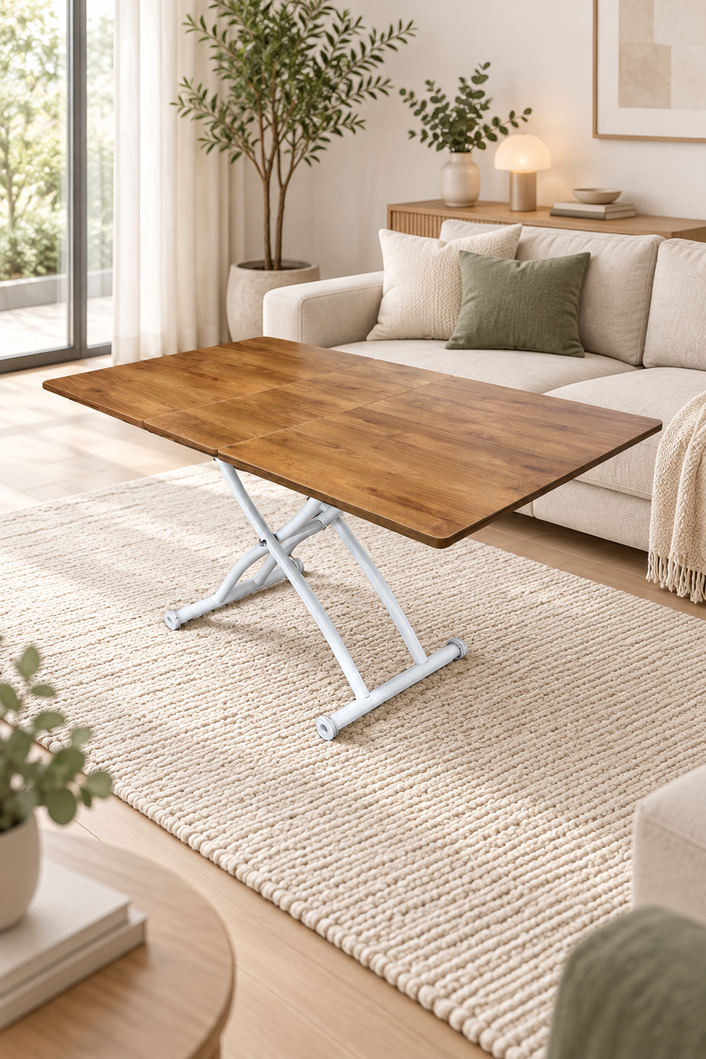 Mid-Opening Square Smart Table | Walnut MDF & White