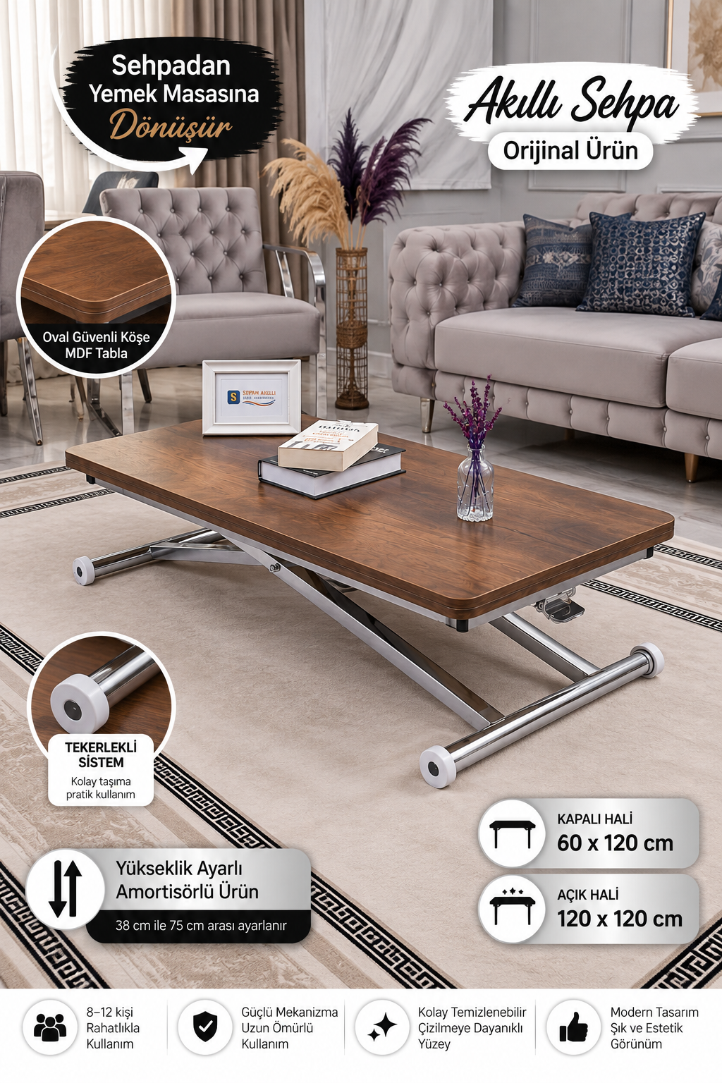 Home Akıllı Sehpa – Barok Koyu Ceviz MDF Üst & Krom Kaplama Metal Ayak
