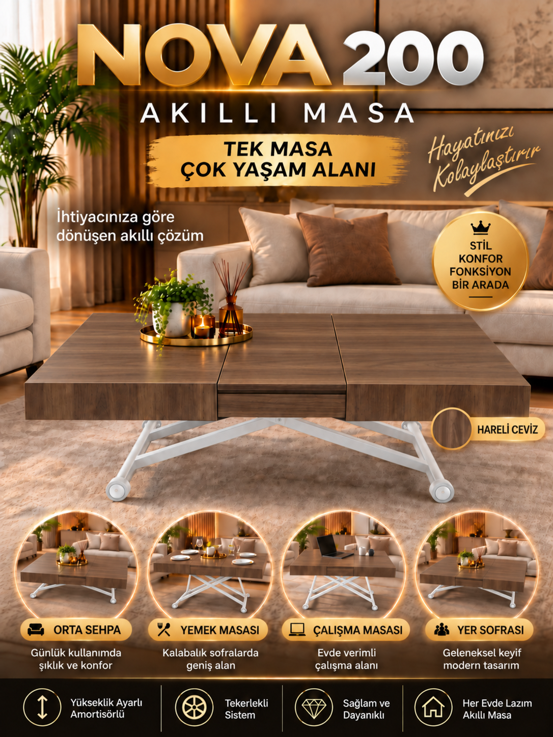 Oval Side-Opening Smart Table | Travertine MDF & Black