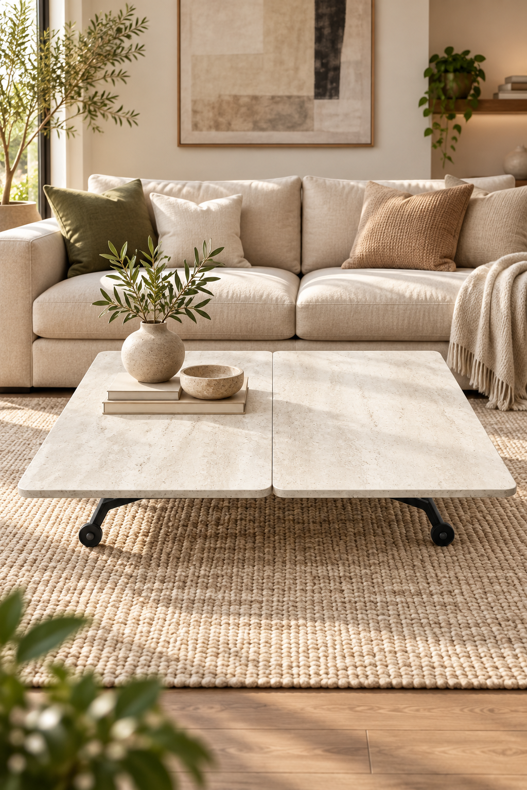 Juppo Smart Coffee Table – Travertine MDF Top & Black Outward-Curved Metal Legs