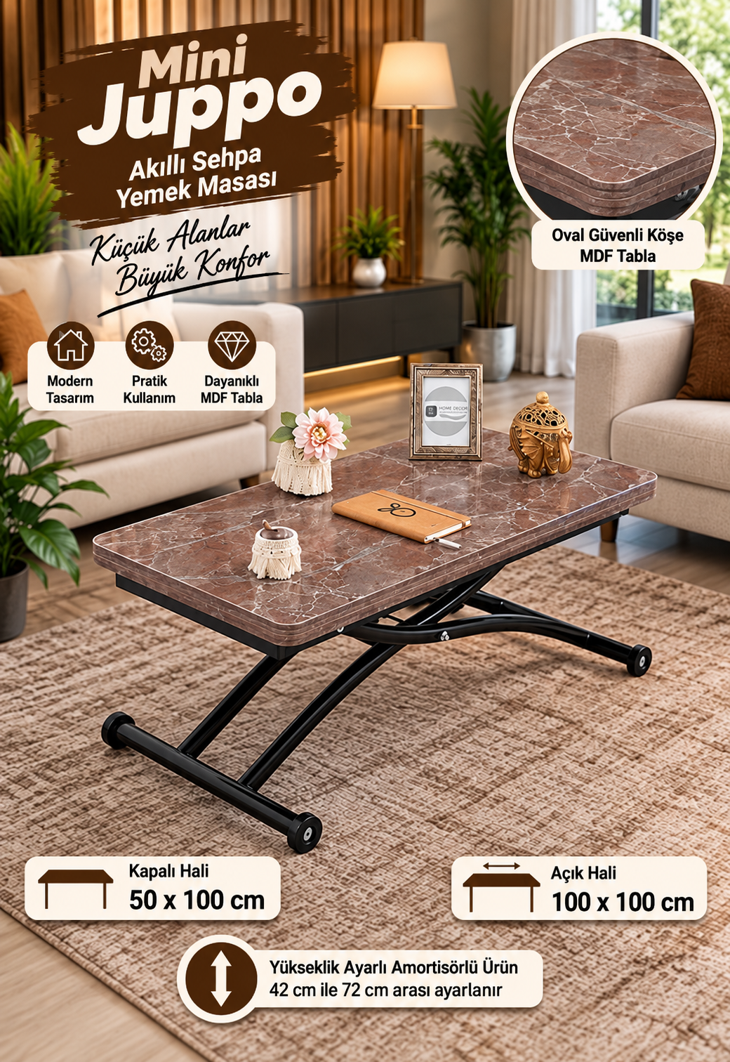 Mini Juppo Akıllı Sehpa – VişneMermer MDF Üst & Siyah Dışa Kıvrım Metal Ayak