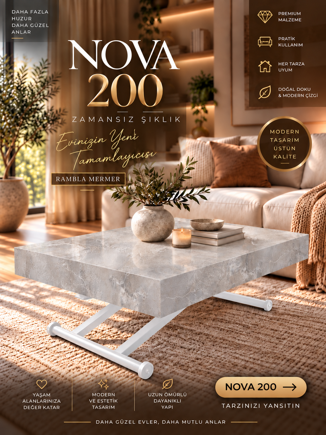 Oval Side-Opening Smart Table | Travertine MDF & Black