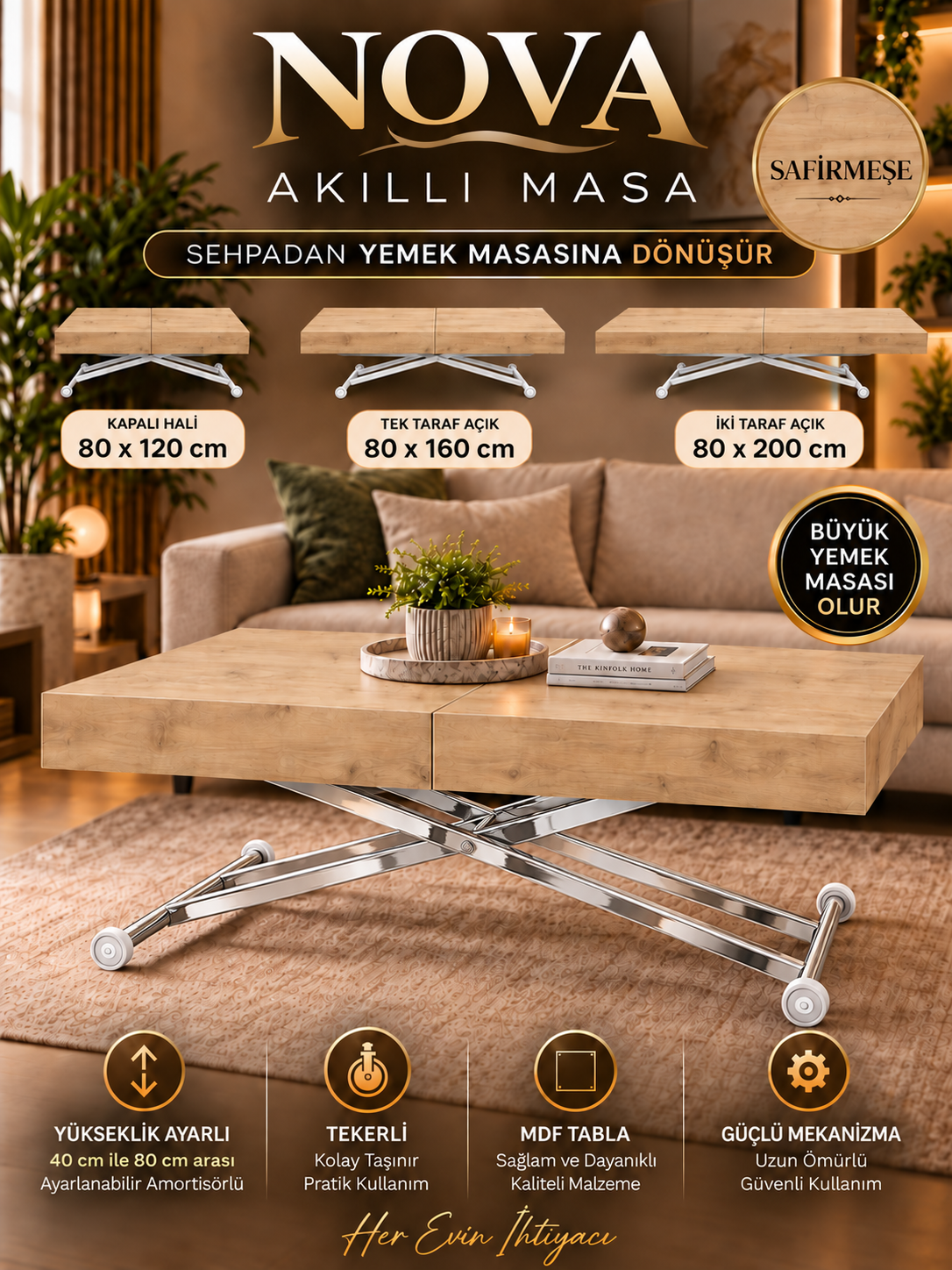 Oval Side-Opening Smart Table | Travertine MDF & Black