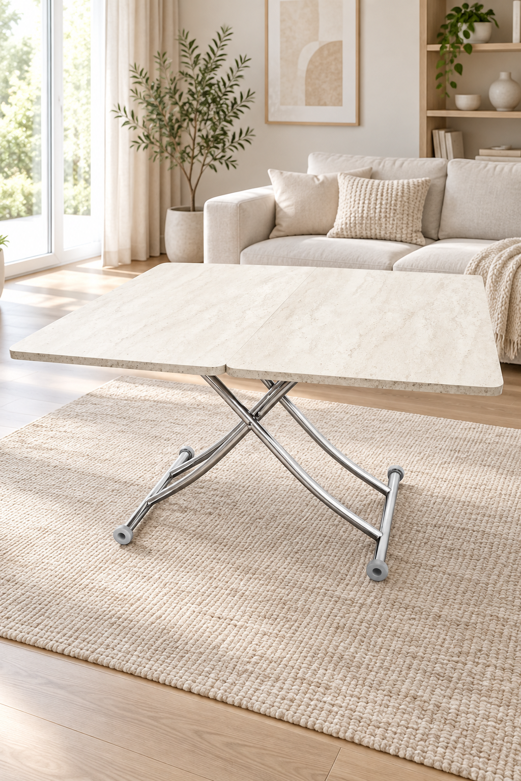 Juppo Smart Coffee Table – Travertine MDF Top & Chrome Metal Legs