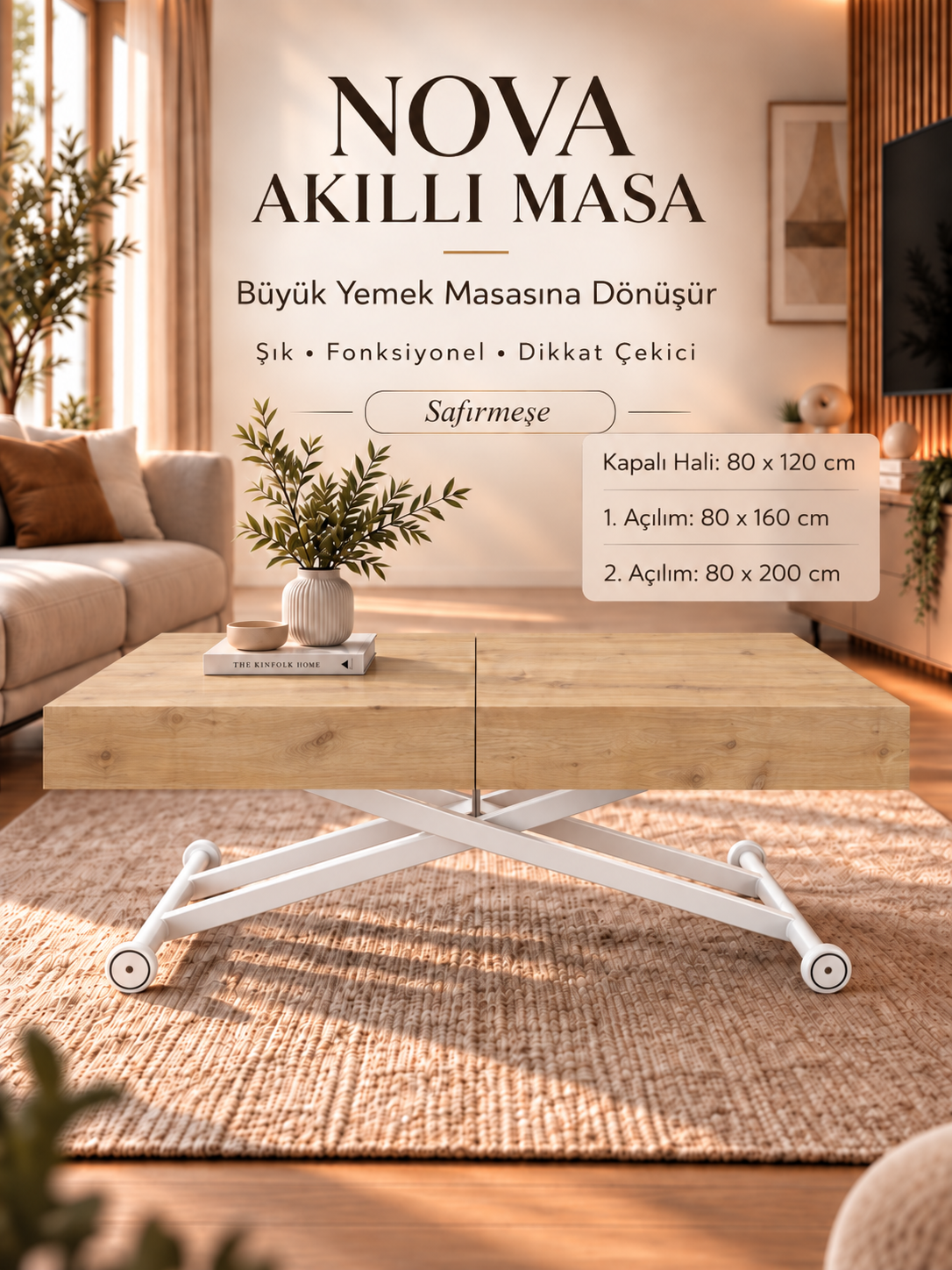 Oval Side-Opening Smart Table | Travertine MDF & Black